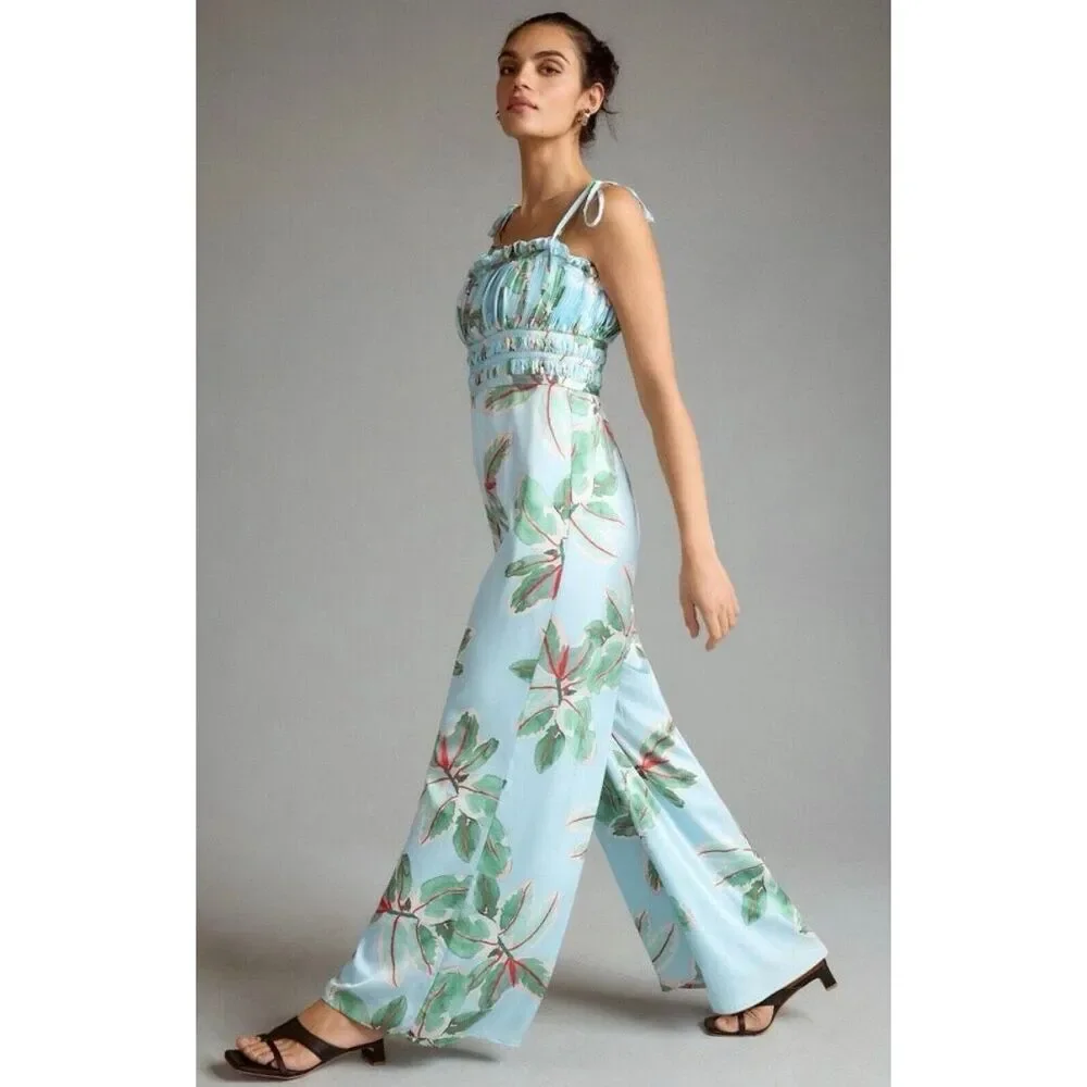 Anthropologie Hutch Ruched Satin Floral Wide Leg Jumpsuit Size 8